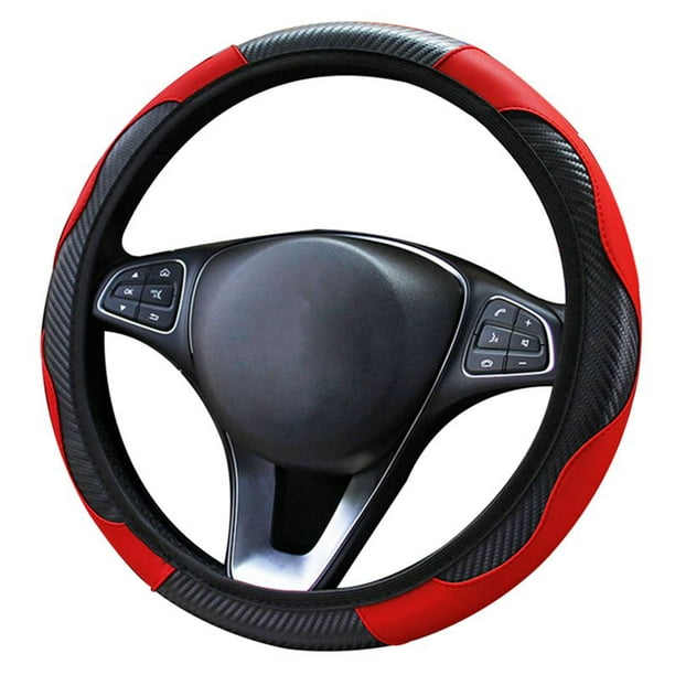 15’’ Universal Car Steering Wheel Cover Red PU Leather Non-slip Breathable Cover 